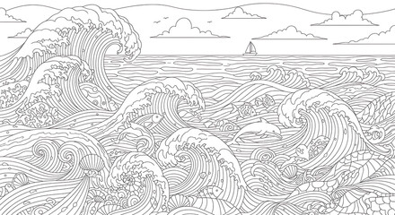 Obraz premium Intricate Hand Drawn Ocean Waves Coloring Page Design with Stylized Sea Swirls and Nautical Patterns for Antistress Artwork Relaxation and Creative Zen Illustration