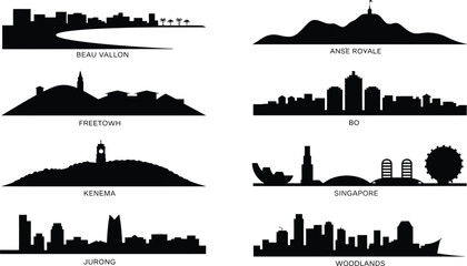 Obraz premium African and asian city skylines set with singapore landmarks and coastal town silhouettes vector