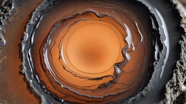 Molten lava flows in a circular pattern forming a mesmerizing abstract design.