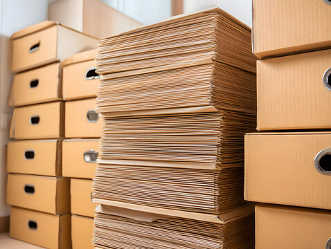 Stacked recycled cardboard archive box and file folders in tidy storage with warm light and organized office atmosphere