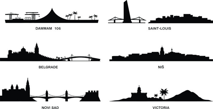 Black silhouette collection of global city skylines including dammam belgrade and saint louis