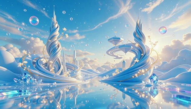 Surreal Futuristic White Architecture Landscape with Crystal Water and Floating Bubbles