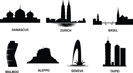 Naklejka premium Damascus Zurich Basel Malmoo Aleppo Geneva Taipei vector cityscapes buildings silhouettes
