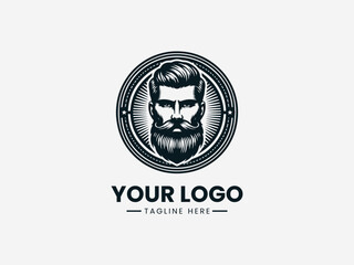 Obraz premium Bearded man portrait in circular seal emblem in classic black vector logo illustration style