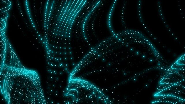Abstract technology background with particle wave shining stars, dust bokeh, and glitter awards dust. Futuristic cyan dots glittering on a black background for the intro video