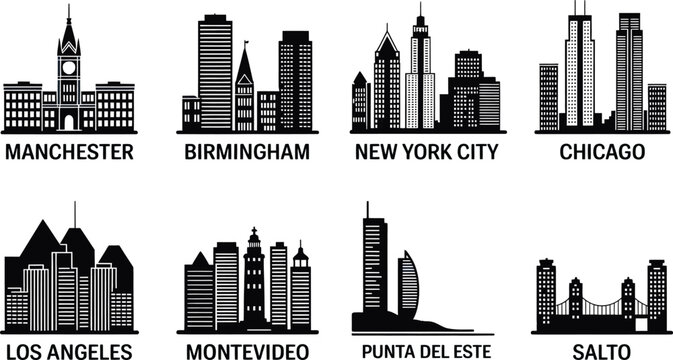 Iconic city skyline silhouettes of chicago new york city birmingham and manchester uk vector