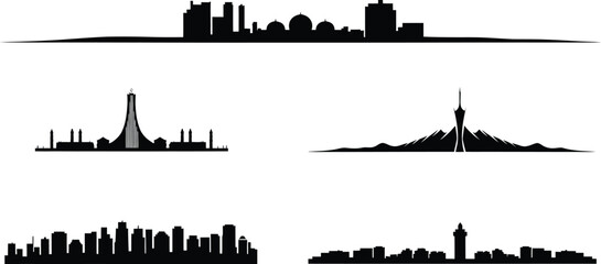 Obraz premium Middle eastern and global cityscape silhouettes featuring urban skylines with landmark towers