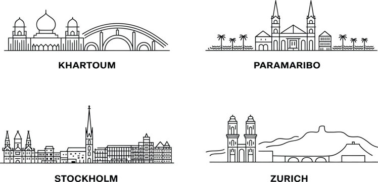 Set of 4 outlines of cityscapes: khartoum, paramaribo, stockholm, and zurich