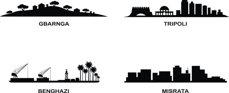 Set of 4 silhouettes of cityscapes: gbarnga, tripoli, benghazi, and misrata