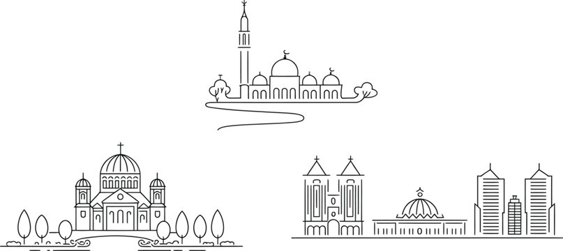 Traditional religious and modern urban architectural line icons featuring mosques and cathedrals