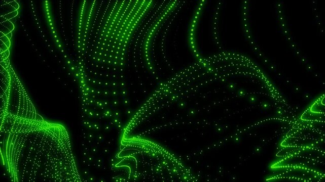 Abstract technology background with particle wave shining stars, dust bokeh, and glitter awards dust. Futuristic green dots glittering on a black background for the intro video