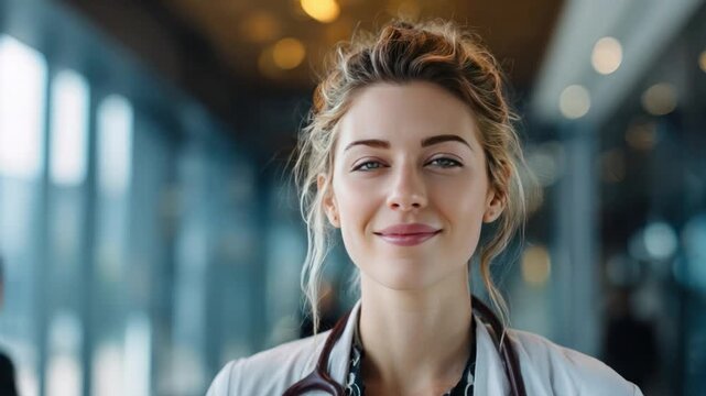 Smiling with Professionalism: A healthcare worker radiates confidence, showcasing a warm smile and a stethoscope, symbolizing care and expertise.
