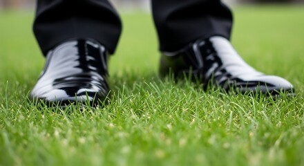 Fototapeta premium Close-up of polished black dress shoes standing on lush green grass, shallow depth of field, formal occasion.