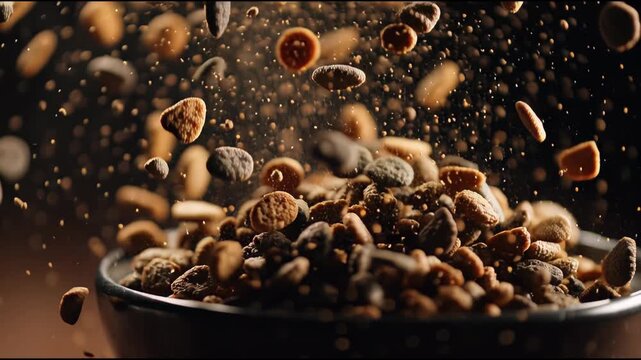 A close-up shot of assorted nuts spilling out of a metal bowl onto a brown surface with warm, earthy tones and a shallow depth of field.