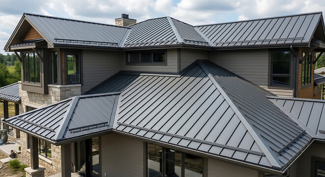 Modern residential house featuring durable steel metal roof with sleek architectural line showcasing contemporary building exterior and construction