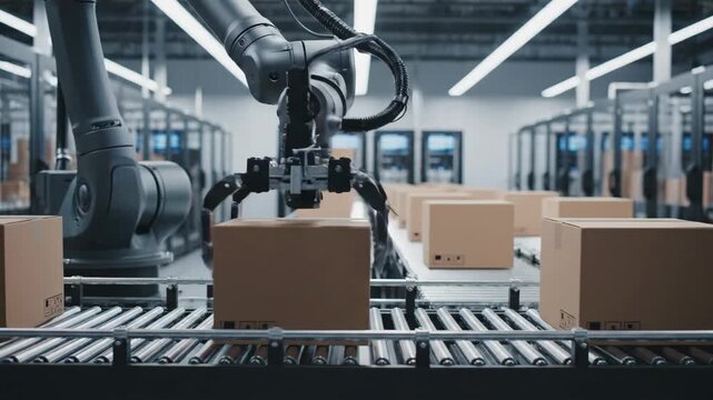 This video features a packaging robot pick sequence with box grab motion and precise automation, smart factory concept, logistics technology visual, and advanced manufacturing background for corporate