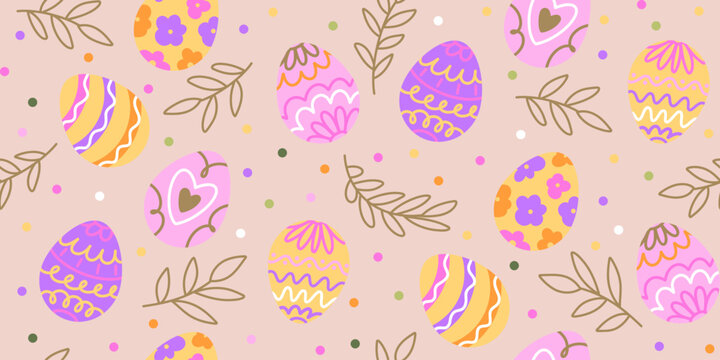 Seamless Easter egg pattern on beige background with hand-drawn doodle ornaments and line art twigs. Minimalist spring floral design for nursery textiles and wrapping paper.