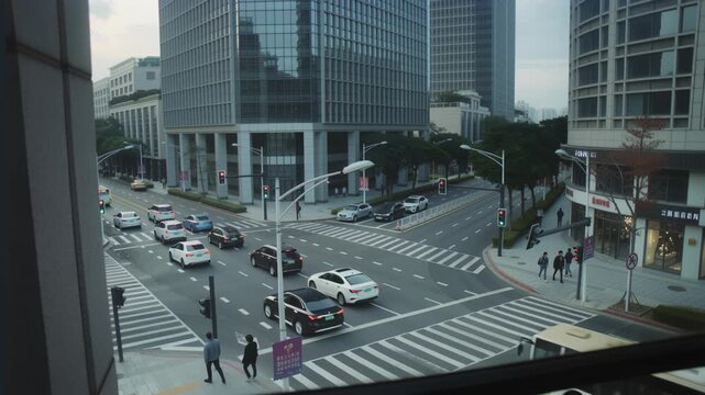 Busy urban intersection with pedestrian crosswalk and city traffic flow