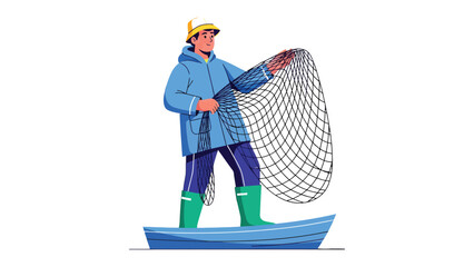 Fisherman and Fishing Net: A lone fisherman, stands aboard his boat, preparing his net for the day's catch. The image exudes a sense of anticipation and the tranquility of the open water. © Ajm