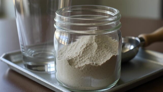 Morning ritual: preparing fresh dough with flour, glass, and scoop in sunlit kitchen