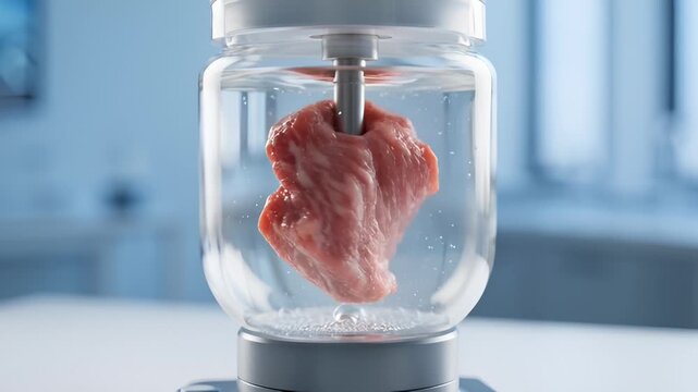 Cultured Meat Growing in Laboratory Bioreactor With Bubbles Rising, Close Up