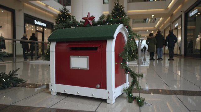 Festive mall holiday mailbox with shopping crowd in motion