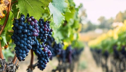 Naklejka premium Vibrant Grape Clusters Hang Heavily on Lush Vineyard Vines, Signaling a Bountiful Autumn Harvest