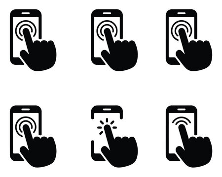 Smartphone, touch screen icons featuring finger tap and wireless signal symbols, representing mobile interaction, connectivity, and digital communication concept, modern flat vector