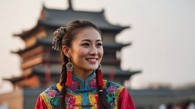 Charming woman in national costume smiles by pagoda in Xian during soft natural light