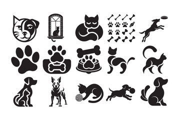 Fototapeta premium Pet Animals Silhouette Vector Bundle – Dog, Cat and Paw Icon Collection