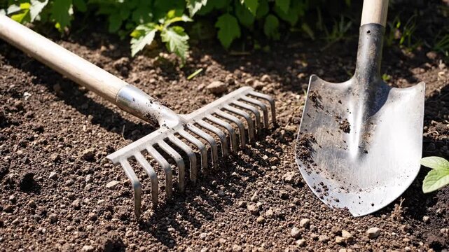 This video features a garden tool set with rake and shovel layout on soil background, home gardening concept, landscaping equipment theme, and outdoor lifestyle branding visual.