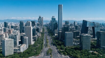 Obraz premium Modern drone footage shows Beijing skyline with skyscrapers and wide avenues in daylight