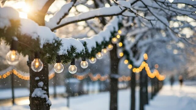 Snowy park winter scene with glowing lights and sunlight through trees