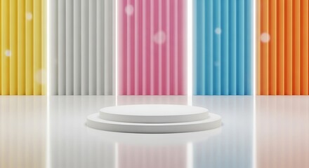 Fototapeta premium Minimalist white pedestal display stand set against a vibrant multicolored vertical striped studio backdrop background