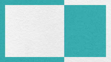 Fototapeta premium Textured white, light teal paper background with outer frame and geometric panel. Template for presentation with copy space
