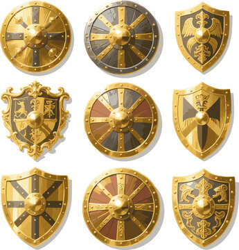 Create a realistic kinds of deferent Gold shield vector art with white background..