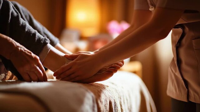 Elderly patient receiving professional foot massage and moisturizing treatment from a nurse in a hospital wellness room