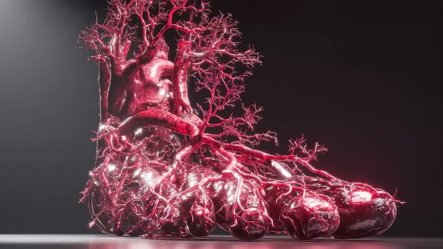 3D render of isolated human foot vascular system, arteries and veins extracted as standalone sculptural object, deep red and burgundy blood vessels with subsurface glow