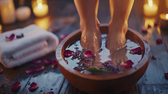 A close-up of feet soaking in a wooden basin filled with warm water, Epsom salt, fresh sprigs of lavender, and rose petals, on the floor of a rustic-style bathroom