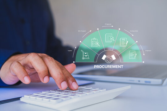 Business professional calculating procurement costs with calculator, digital procurement workflow interface, supplier RFQ approval purchase order and e-signature icons, modern supply chain management