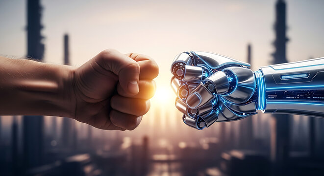 Dramatic close up of a human fist confronting a robotic mechanical hand in a competitive stance symbolizing the struggle between natural man and artificial intelligence technology rivalry.