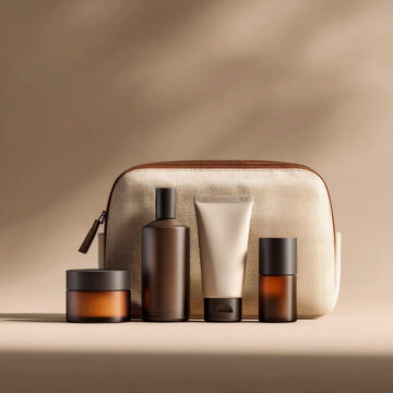 Minimal travel skincare kit with cosmetic bottles, cream tube and toiletry bag on beige background, body care essentials mockup for beauty and wellness branding