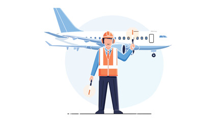 Guiding Aircraft: An airport worker stands at attention, confidently directing a large airplane with signal wands, ensuring safe and efficient air travel and a smooth journey. © Abu