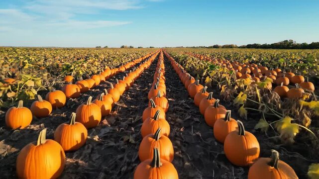 Video of expansive pumpkin patch under soft autumn daylight, orange crop perspective lines, harvest season background and rural lifestyle imagery.