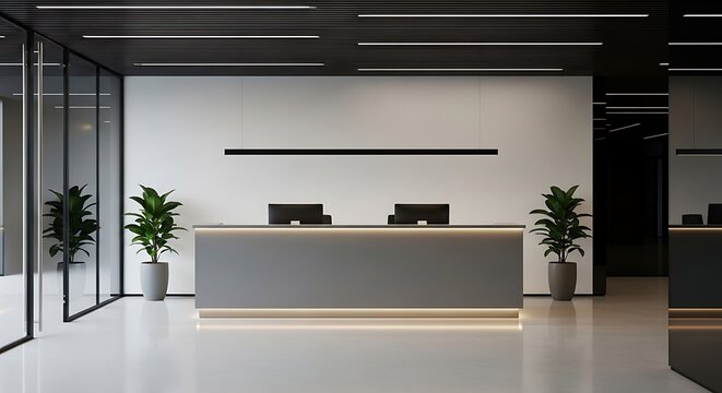 Modern office reception desk with sleek computers and plants in a minimalist interior