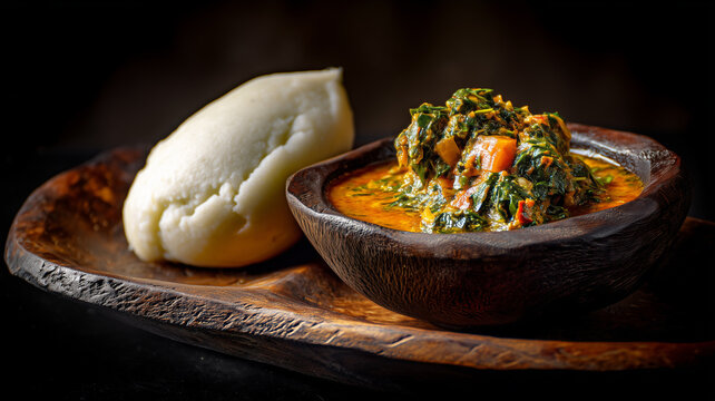 Authentic Nigerian pounded yam served with rich Egusi soup made from melon seeds, spinach, and spices in a traditional wooden bowl.