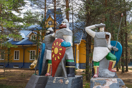 Veliky Ustyug, Vologda Oblast, Russia &ndash; August 4, 2020. The "Three Bogatyrs" sculpture at Father Frost's Estate. The Russian epic heroes are Ilya Muromets, Dobrynya Nikitich, and Alyosha Popovich.