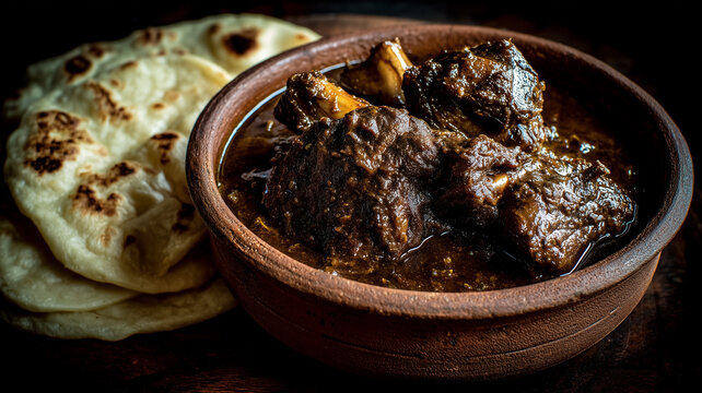 Authentic Trinidadian curry goat served in a rustic clay bowl with soft flatbread roti, Caribbean slow-cooked spicy meat dish.