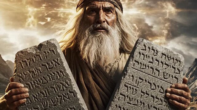 Ancient figure reveals sacred stone tablets amidst dramatic mountain backdrop