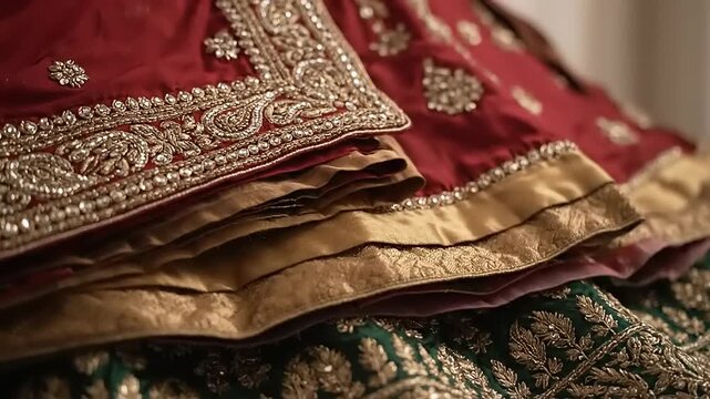 Exquisite close-up of traditional South Asian garments, showcasing intricate gold embroidery and luxurious silk fabric details, ideal for cultural fashion and celebration visuals